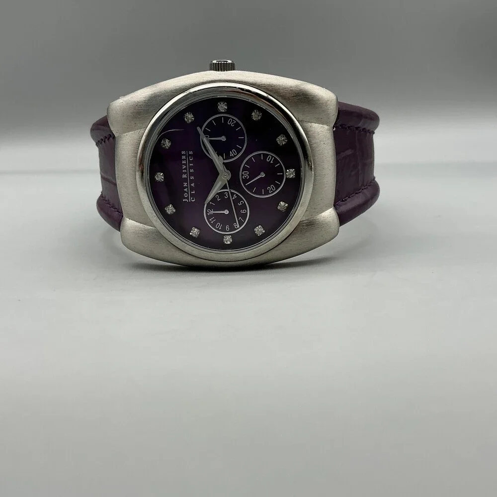 Joan Rivers Classics Women Watch 38mm Silver Tone Purple Leather New Battery